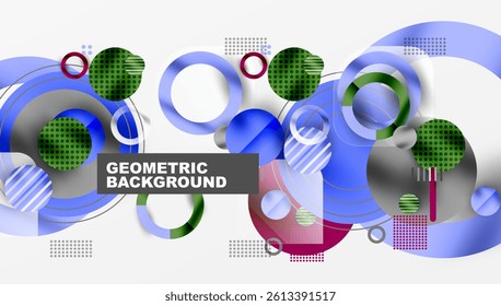 Abstract geometric composition. Overlapping circles, rectangles create dynamic visual effect. Blue, green, red hues dominate design. Modern, stylish background element.
