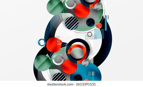 Abstract geometric composition. Overlapping circles, lines, patterns create dynamic visual effect. Modern design, vibrant colors, clean aesthetic.