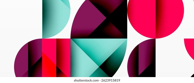 Abstract geometric composition. Overlapping circles, triangles create vibrant visual pattern. Bold colors dominate design.