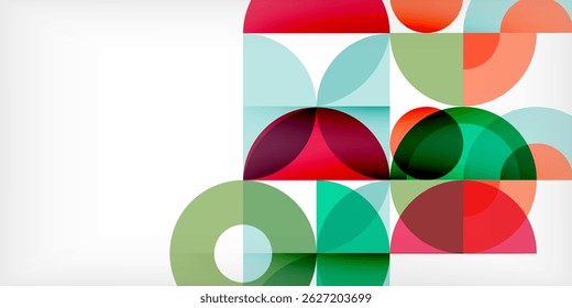 Abstract geometric composition. Overlapping circles, squares create colorful pattern. Minimalist design, modern aesthetic. Clean lines, vibrant hues.