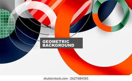 Composição geométrica abstrata. Círculos e linhas sobrepostos criam um efeito visual dinâmico. Tons vermelhos, azuis e verdes dominam o design.