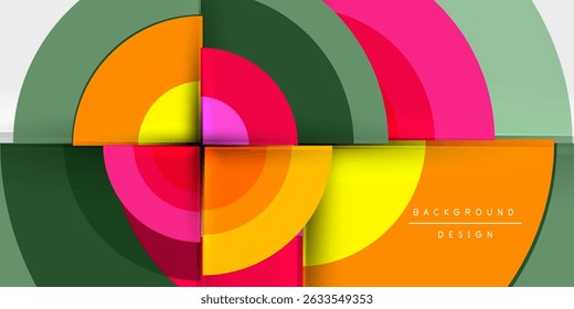 Abstract geometric composition. Overlapping circles, vibrant colors, modern design elements create dynamic visual impact. Black background enhances contrast.