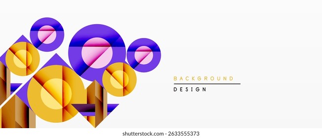 Abstract geometric composition. Overlapping circles, triangles create dynamic visual effect. Gradient colorsyellow, purple, pinkadd depth, modern aesthetic. Minimalist design suitable background.