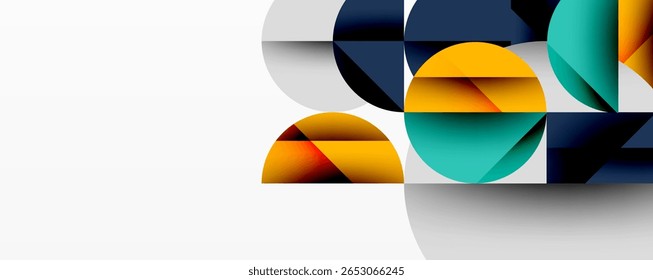 Composição geométrica abstrata. Sobrepondo círculos, triângulos criam efeito visual moderno. As cores incluem azul, ouro, azul-petróleo, cinza.