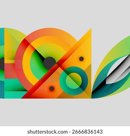 Abstract geometric composition. Overlapping circles, squares, lines create vibrant colorful design. Modern aesthetic, dynamic shapes.