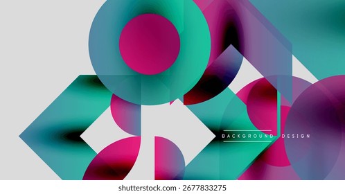 Abstract geometric composition. Overlapping circles, triangles create vibrant, modern design. Pink, teal dominate color scheme.