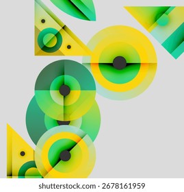Abstract geometric composition. Overlapping circles, triangles create dynamic visual effect. Green, yellow hues dominate neutral background.