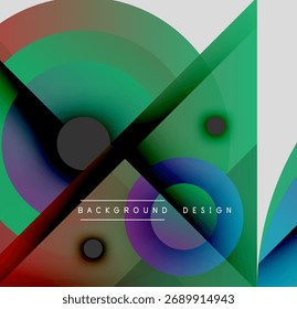 Composição geométrica abstrata. Círculos e linhas sobrepostos criam um design colorido vibrante. Moderna estética, elementos visuais dinâmicos.
