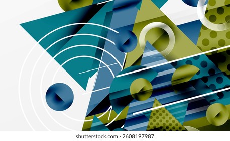 Abstract geometric composition. Overlapping shapes, lines, circles create dynamic visual experience. Blue, green tones dominate design. Modern, minimalist aesthetic.