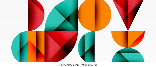 Abstract geometric composition. Overlapping shapes create dynamic visual interest. Red, orange, teal colors dominate design. Modern, minimalist aesthetic.