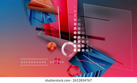 Abstract geometric composition. Overlapping shapes, lines create dynamic visual effect. Gradient colorsred, blue, purpleform modern background design.
