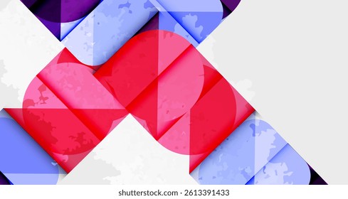 Abstract geometric composition. Overlapping shapes create dynamic visual effect. Red dominates, contrasted by blue, purple hues. Modern design, clean lines, textured surfaces.