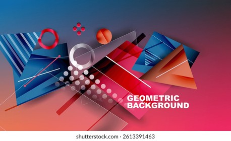 Abstract geometric composition. Overlapping shapes create dynamic visual effect. Red, blue, orange gradients dominate design. Modern, vibrant background suitable for various projects.