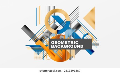 Abstract geometric composition. Overlapping shapes, lines create dynamic visual effect. Orange, blue, black, white colors dominate design. Modern aesthetic.
