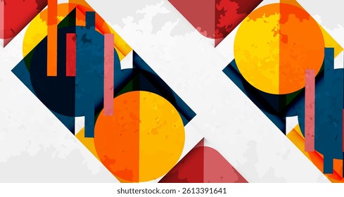 Abstract geometric composition. Overlapping shapes, rectangles, circles create dynamic visual effect. Warm, cool colors contrast against light background. Modern design.