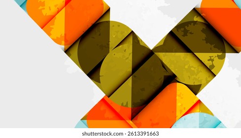 Abstract geometric composition. Overlapping shapes create dynamic visual texture. Orange, olive, light blue hues dominate design. Modern, minimalist aesthetic.