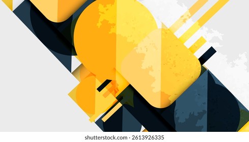 Abstract geometric composition. Overlapping shapes, vibrant yellow, gray, white create dynamic visual texture. Modern design, clean lines, bold contrast present.