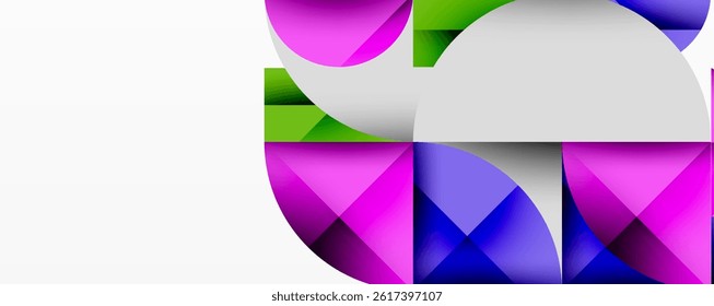 Abstract geometric composition. Overlapping shapes create dynamic visual effect. Bright colors dominate design. Minimalist style.