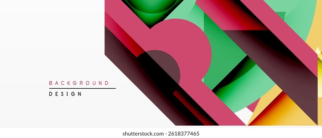 Abstract geometric composition. Overlapping shapes create dynamic visual effect. Bright colors, modern design elements present.