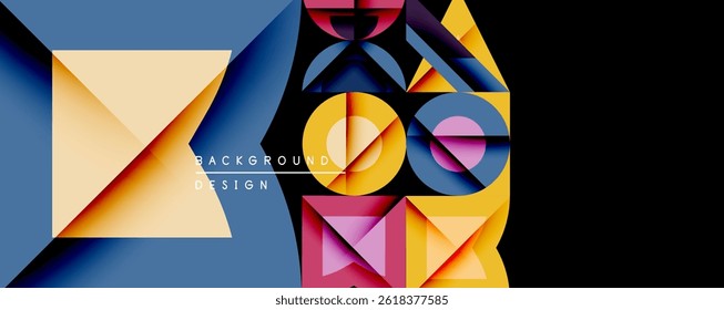 Composição geométrica abstrata. As formas sobrepostas criam um efeito visual dinâmico. As cores brilhantes contrastam com o fundo escuro. Elementos de design modernos presentes.