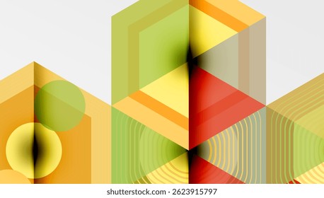 Abstract geometric composition. Overlapping shapes create illusion depth, using warm colors, lines, curves. Modern design element.