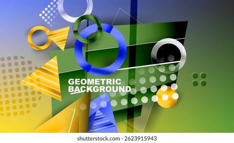 Abstract geometric composition. Overlapping shapes, vibrant colors, modern design. Gradient background creates depth, visual interest.