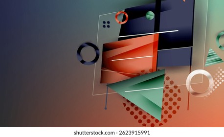 Abstract geometric composition. Overlapping shapes create layered visual effect. Gradient colors dominate design. Modern aesthetic.