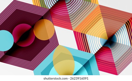 Composição geométrica abstrata. A sobreposição de formas, cores vibrantes e linhas cria uma experiência visual dinâmica. Elementos de design modernos presentes.