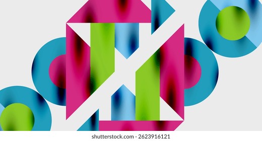 Abstract geometric composition. Overlapping shapes create dynamic visual effect. Bright colors contrast against dark background.