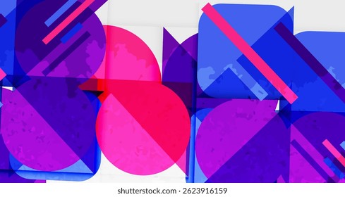 Composição geométrica abstrata. Formas sobrepostas criam uma experiência visual vibrante e moderna. Azuis, rosas dominam o design.
