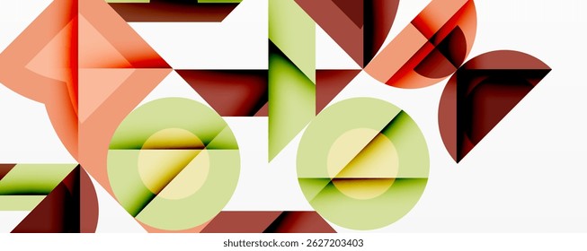Abstract geometric composition. Overlapping shapes create dynamic visual effect. Colors include red, green, orange tones. Minimalist design.