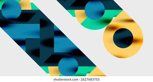 Composição geométrica abstrata. A sobreposição de formas, cores vibrantes e linhas diagonais cria um efeito visual dinâmico. Elementos de design modernos presentes.