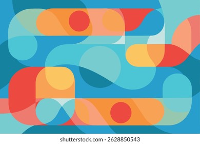 Abstract geometric composition of overlapping shapes in cool and warm tones