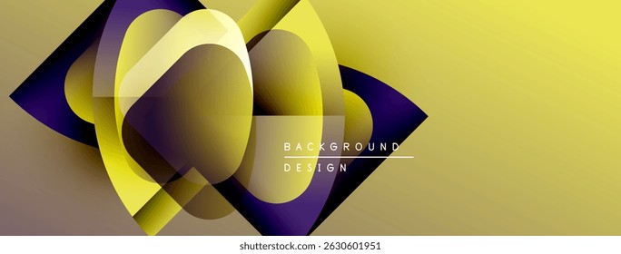 Composição geométrica abstrata. As formas sobrepostas criam um efeito visual dinâmico. Gradientes amarelos e roxos dominam o design. Estilo moderno.