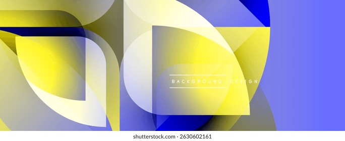 Abstract geometric composition. Overlapping shapes create dynamic visual effect. Yellow, blue, white gradients dominate design. Modern style.