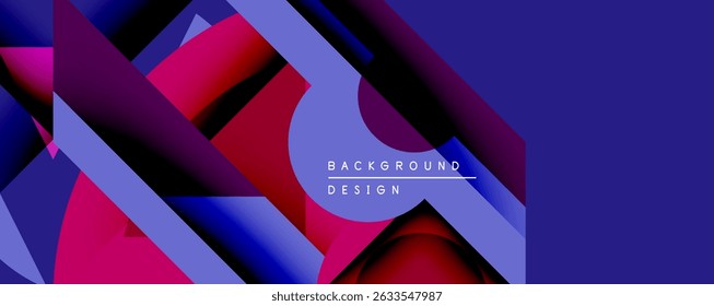 Abstract geometric composition. Overlapping shapes create dynamic visual effect. Deep blues, vibrant pinks, rich reds dominate design. Modern aesthetic, suitable background element.
