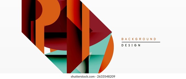 Abstract geometric composition. Overlapping shapes create dynamic visual effect. Warm colors dominate, contrasted by cool teal accents. Modern design element for backgrounds.