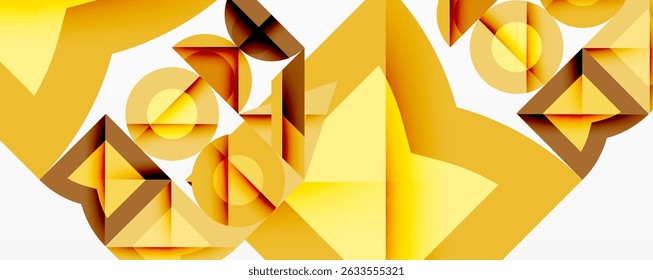 Abstract geometric composition. Overlapping shapes create dynamic visual effect. Warm yellow, gold tones dominate design. Modern, minimalist aesthetic.