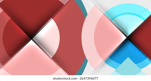 Abstract geometric composition. Overlapping shapes create dynamic visual effect. Red, blue, white hues dominate dark background.