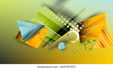Abstract geometric composition. Overlapping shapes, vibrant colors, dynamic lines create modern visual experience. Gradient background enhances depth.