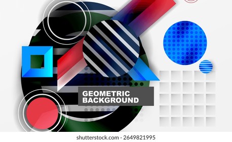Abstract geometric composition. Overlapping shapes, vibrant colors, modern design. Circles, squares, lines create dynamic visual effect.
