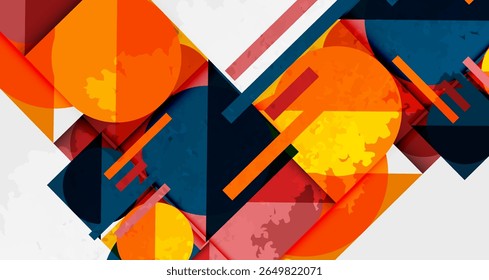 Abstract geometric composition. Overlapping shapes, vibrant colors, dynamic design. Modern art style, bold textures, visual interest.