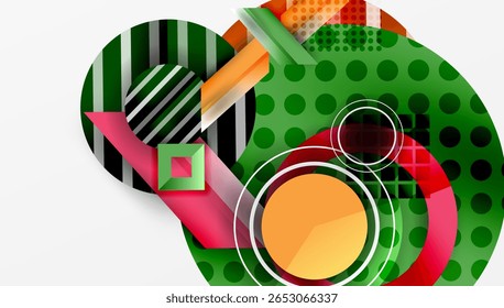 Composição geométrica abstrata. Formas sobrepostas, cores vibrantes e padrões dinâmicos criam uma experiência visual moderna.