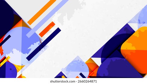 Abstract geometric composition. Overlapping shapes, blue, orange, white create dynamic visual effect. Modern design elements present.