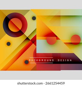 Abstract geometric composition. Overlapping shapes create vibrant color gradients. Modern design elements suggest dynamic visual experience.