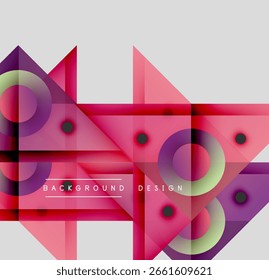 Abstract geometric composition. Overlapping shapes create vibrant, modern design. Pink, purple, green hues dominate visual space.