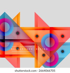 Abstract geometric composition. Overlapping shapes, vibrant colors, modern design elements create dynamic visual effect. Circles, triangles dominate.