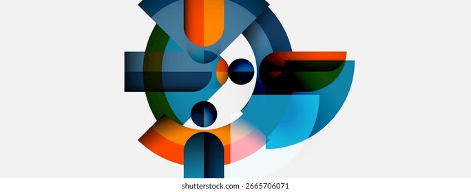 Abstract geometric composition. Overlapping shapes create dynamic visual interest. Colors include blue, orange, teal, gray. Minimalist design.