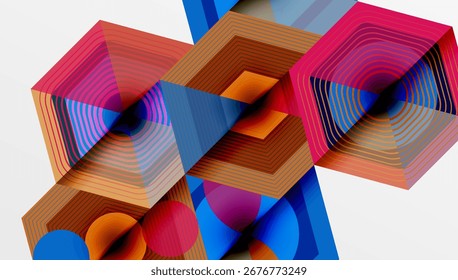 Abstract geometric composition. Overlapping shapes create dynamic visual effect. Bright colors, lines, modern design.
