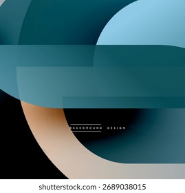 Abstract geometric composition. Overlapping shapes create layered visual effect. Teal, blue, gray, brown hues dominate design. Minimalist aesthetic.